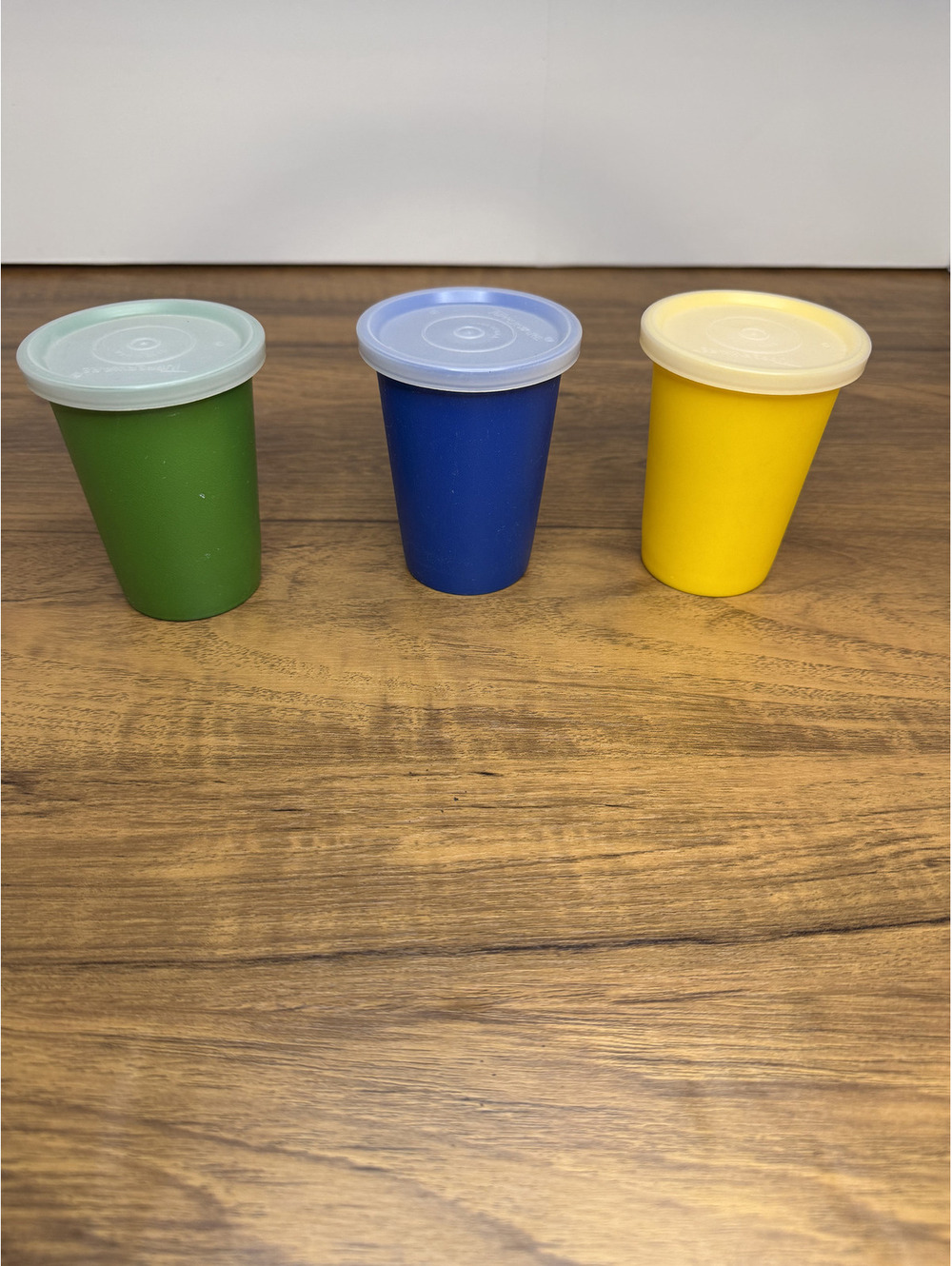 Vintage Tupperware Tumblers with Lids - Set of 3, Green, Blue, Yellow